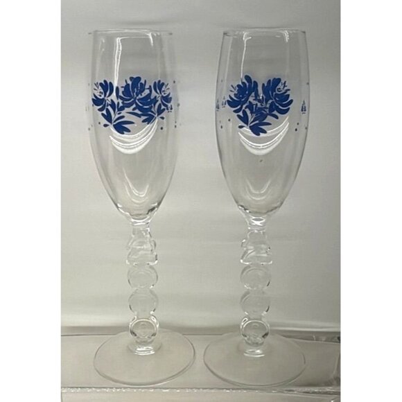 Vintage Millennium New Years 2000 Blue Floral Champagne Flutes With Ornate "2000 - Picture 1 of 3